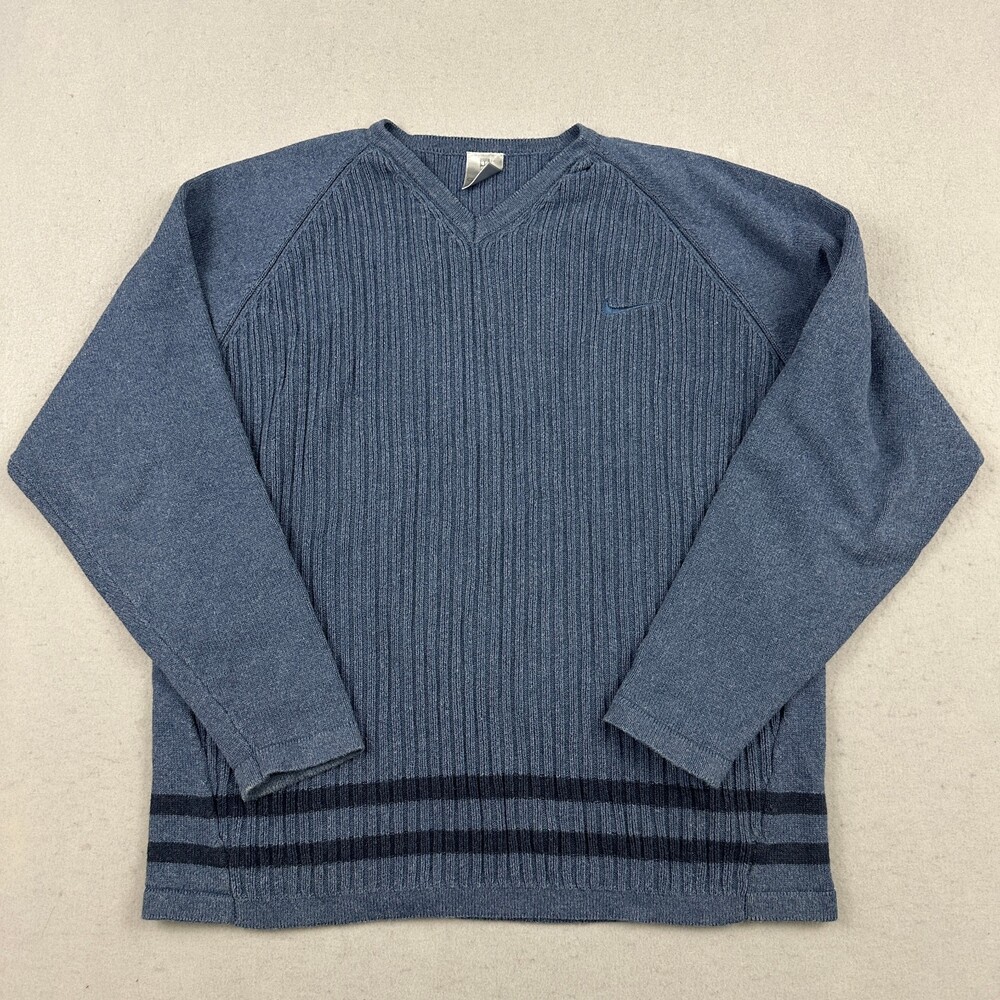 Vintage Nike Sweater Men Large Blue Court Ribbed Knit Tennis V-Neck Y2K 2000s L